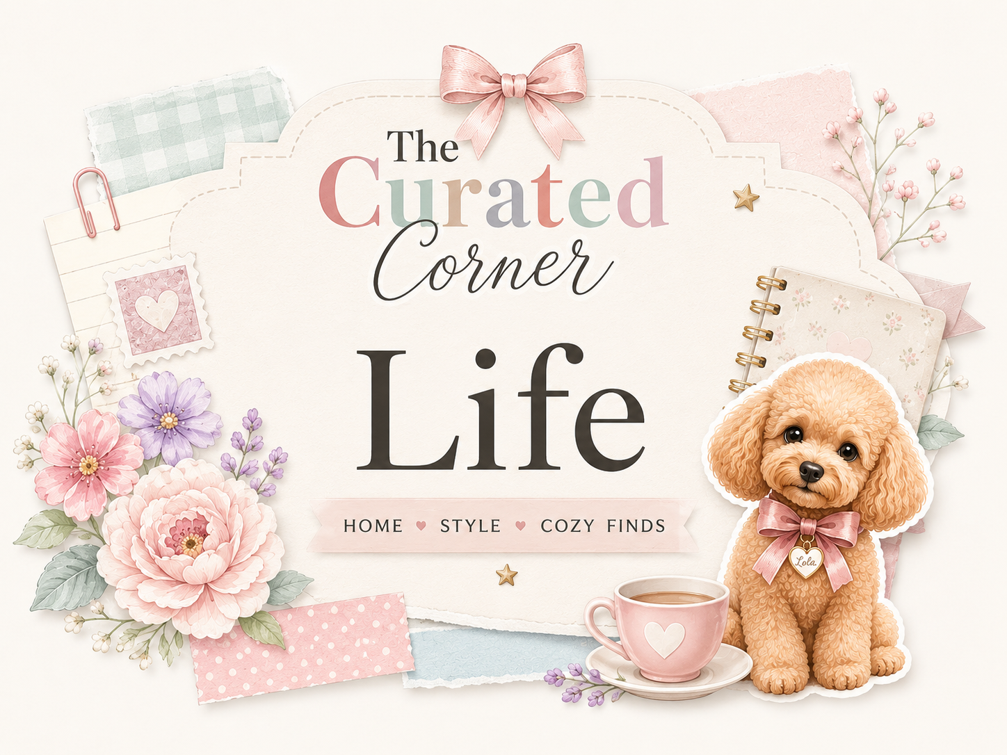 The Curated Corner — Life. Home, Style, Cozy Finds. A soft scrapbook collage with pink peony, a coffee cup, a journal, and Lola the poodle.